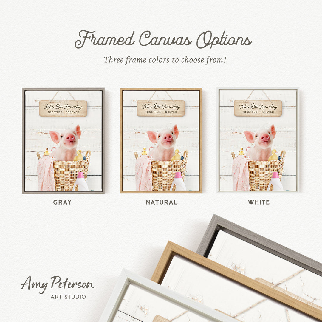 The image is a framed canvas option featuring three different framed pictures of a pig in a basket, each with a different frame color: gray, natural, and white.