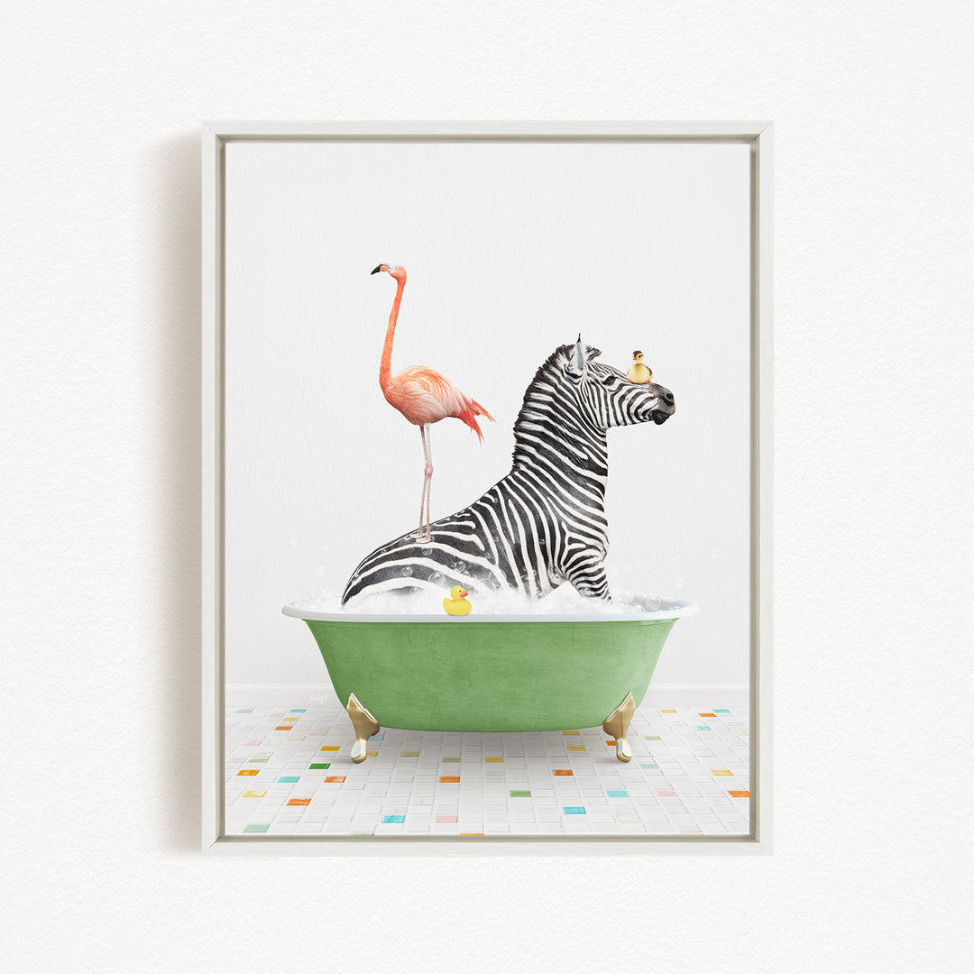 A zebra is sitting in a green bathtub, with a pink flamingo standing on its back legs and a yellow rubber duck floating on the water.
