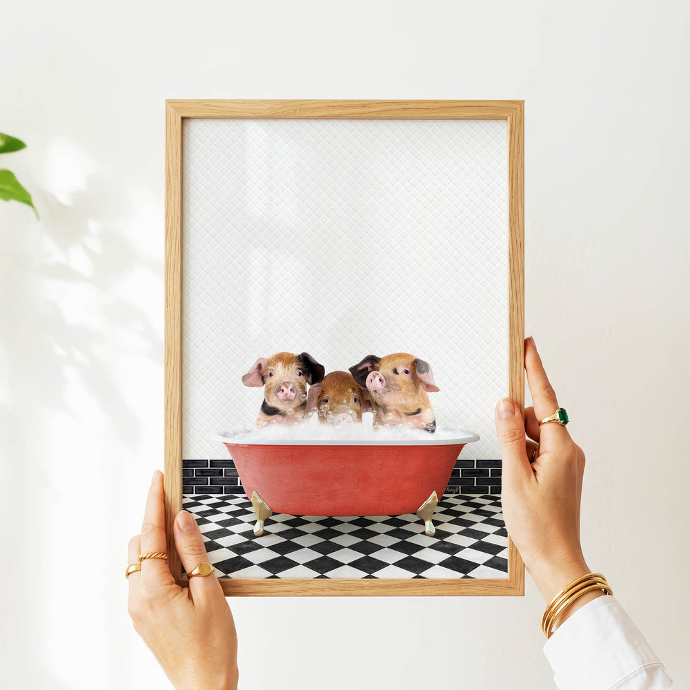 A person's hands are holding a framed picture of three adorable baby pigs sitting in a red bathtub, with a black and white checkered floor visible beneath the tub.