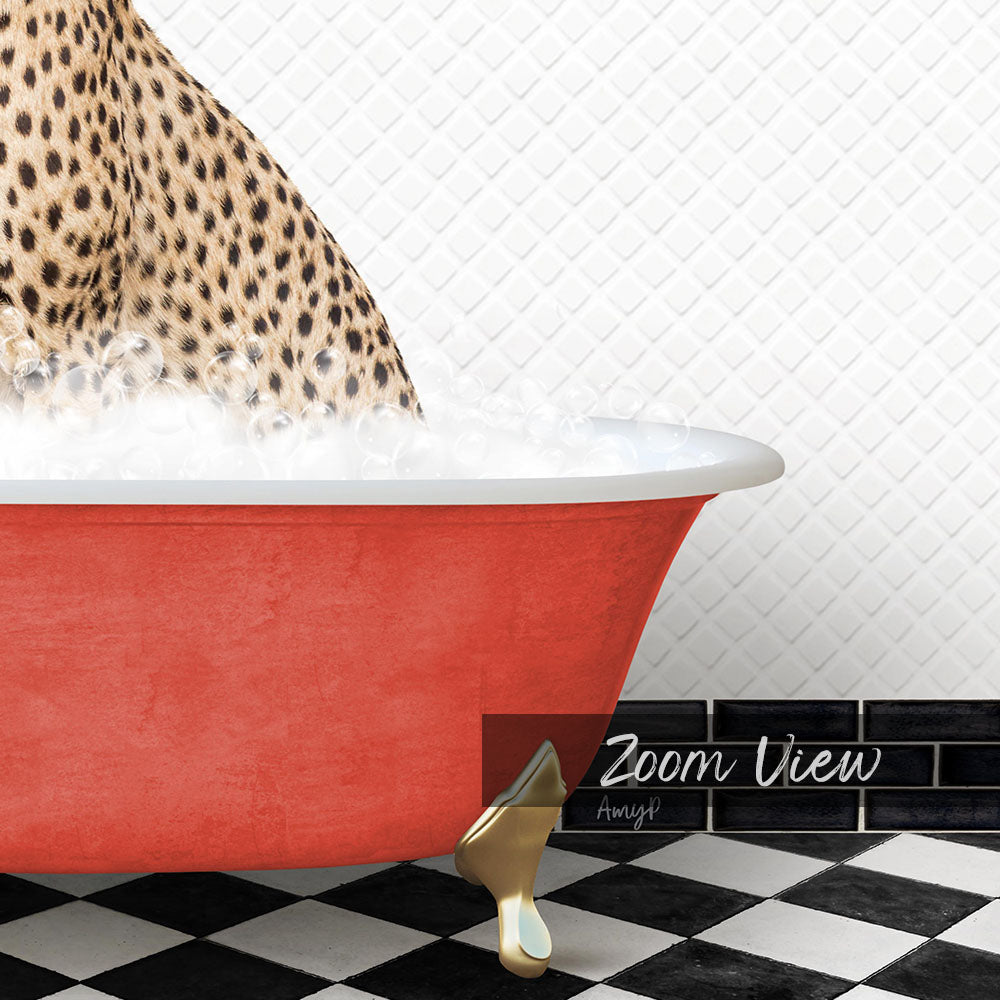 A leopard-print cat is sitting in a red bathtub filled with water, with a black and white checkered floor and a tile wall in the background.