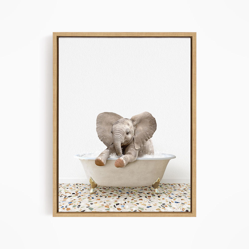 A baby elephant sitting in a bathtub filled with water, surrounded by a tiled floor.