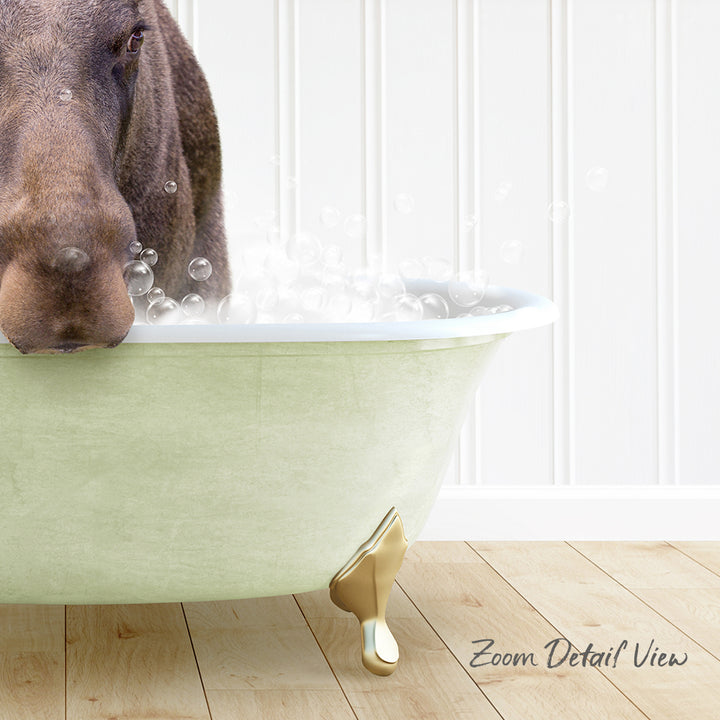 A dog is standing in a green bathtub filled with bubbles, with a wooden floor and white walls in the background.