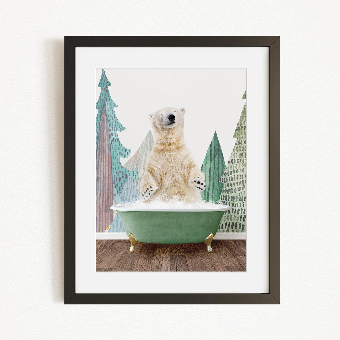 A polar bear sitting in a green bathtub, surrounded by trees and a snowy landscape.