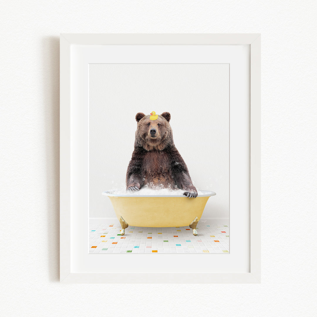 A brown bear sitting in a yellow bathtub filled with water, surrounded by colorful tiles on the floor.