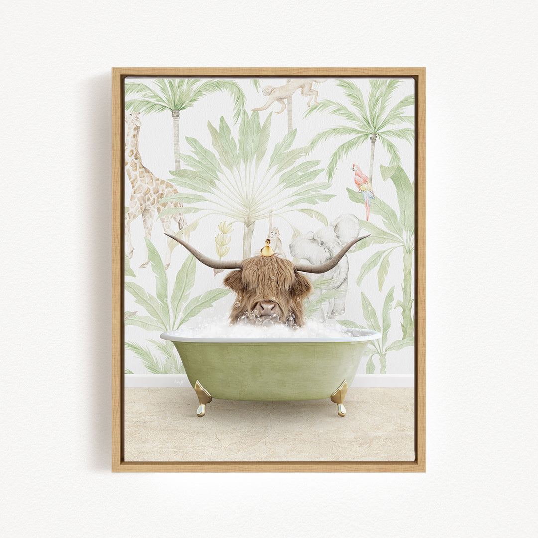 A framed image depicting a cow with long horns sitting in a green bathtub, surrounded by tropical foliage and animals.