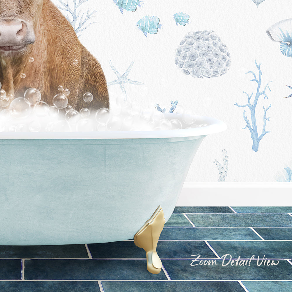A brown cow is sitting in a bathtub filled with bubbles, surrounded by a blue and white ocean-themed wallpaper.