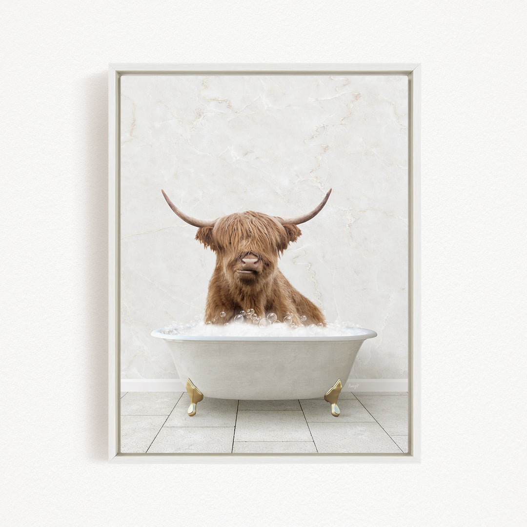 A Highland cow with long horns is sitting in a white bathtub filled with water, creating a whimsical and playful scene.