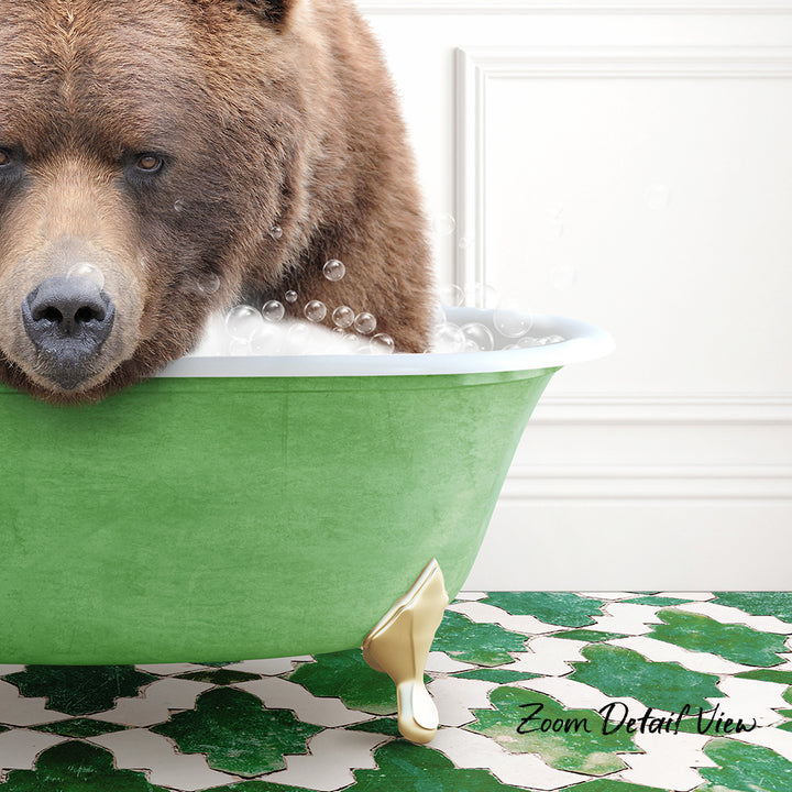 A brown bear is sitting in a green bathtub filled with bubbles, creating a whimsical and playful scene.