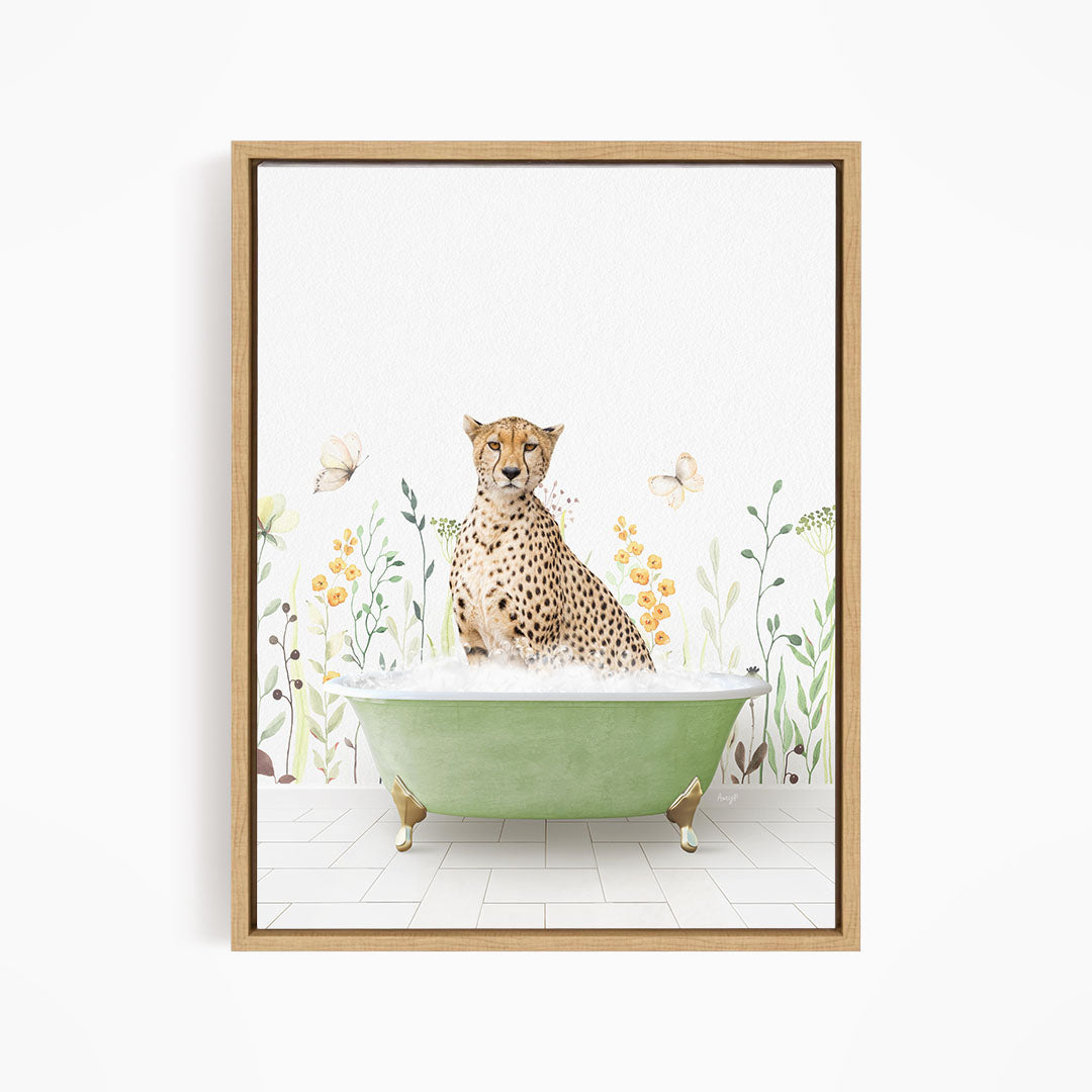A cheetah sitting in a green bathtub filled with water, surrounded by flowers and butterflies.