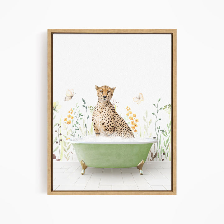 A cheetah sitting in a green bathtub filled with water, surrounded by flowers and butterflies.