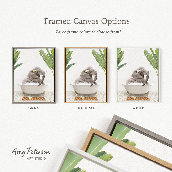 The image is a framed canvas option showcasing three different framed pictures of elephants in bathtubs, each with a different frame color: gray, natural, and white.
