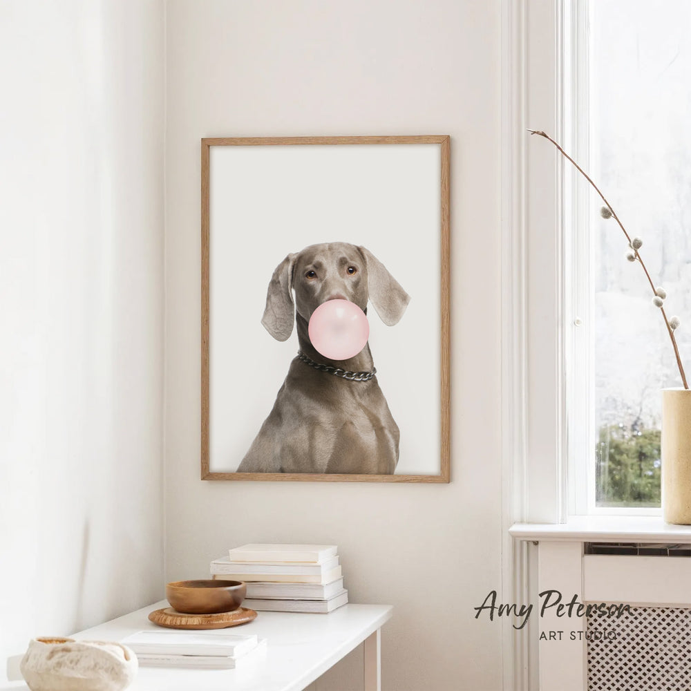 A framed photograph of a dog blowing a bubble with a pink bubble gum bubble is hanging on a white wall in a room with a white table and a window.