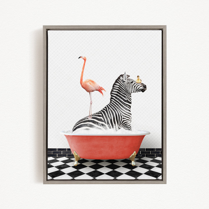 A zebra is sitting in a red bathtub, with a flamingo standing on its back.