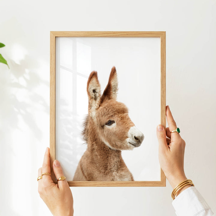 A person's hands are holding a wooden frame with a picture of a donkey inside it.