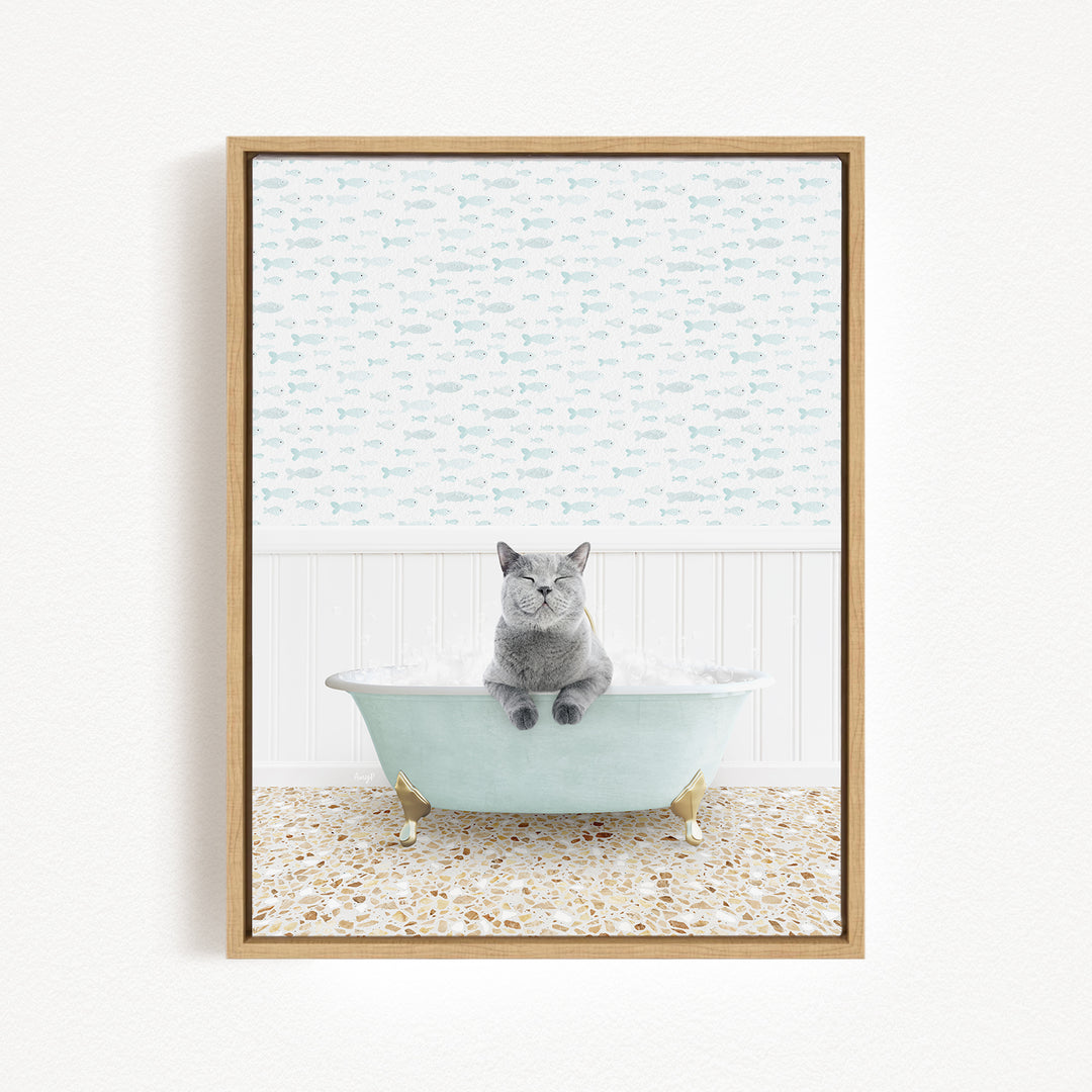 A gray cat sitting in a light blue bathtub, surrounded by a patterned tile floor and a white wall with a fish-themed wallpaper.