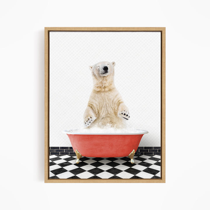 A polar bear standing in a red bathtub filled with water, with a black and white checkered floor beneath it.