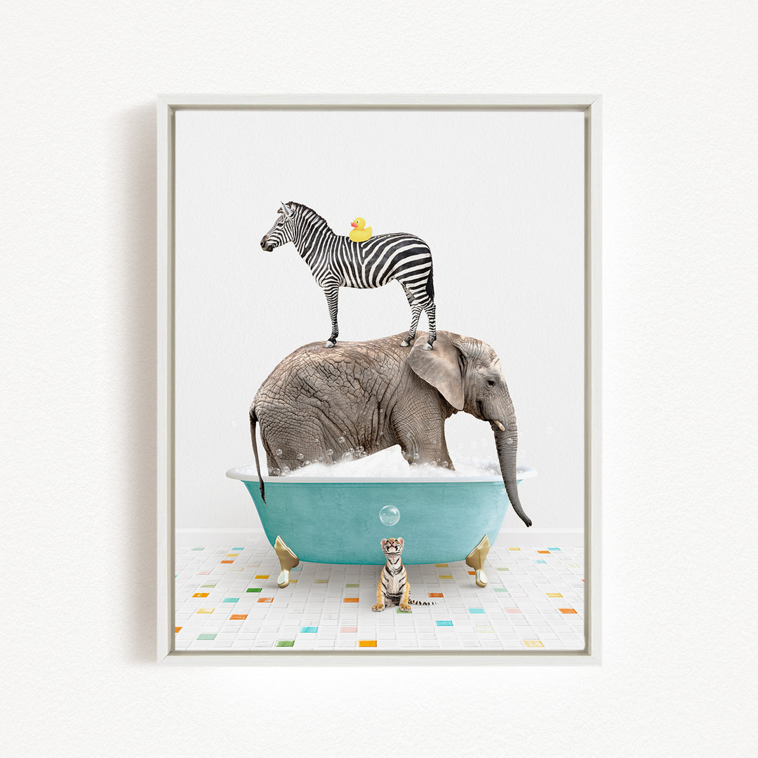 A zebra stands on the back of an elephant, which is submerged in a bathtub, with a bird perched on the zebra's head.