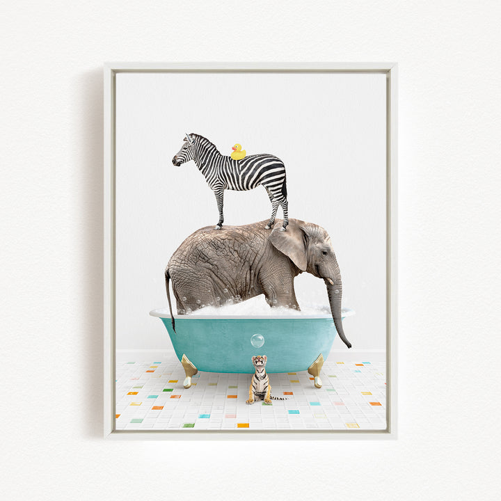 A zebra stands on the back of an elephant, which is submerged in a bathtub, with a bird perched on the zebra's head.