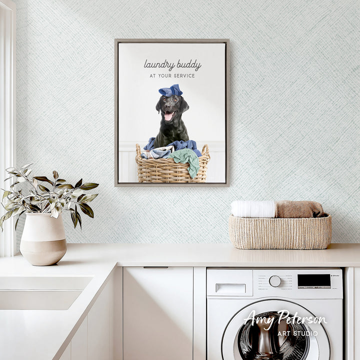 a black dog sitting in a wicker basket filled with clothes, placed on a white countertop in a laundry room.