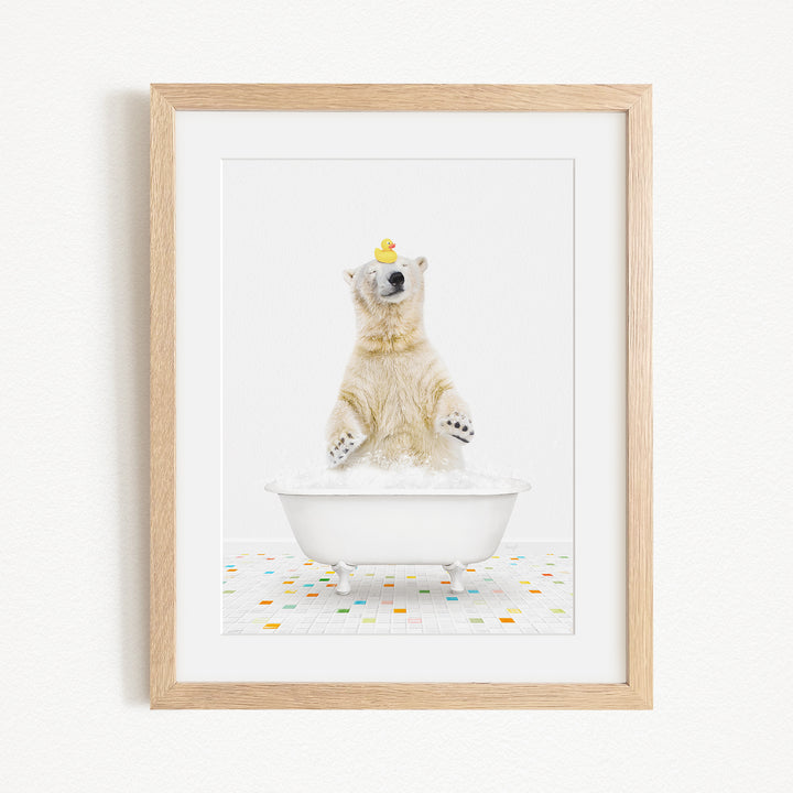 A polar bear standing in a bathtub, with a rubber duck perched on its head.