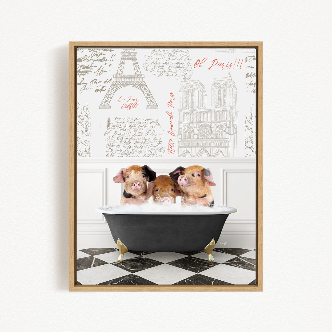 Three adorable pigs sitting in a bathtub, with a framed image of the Eiffel Tower in the background.