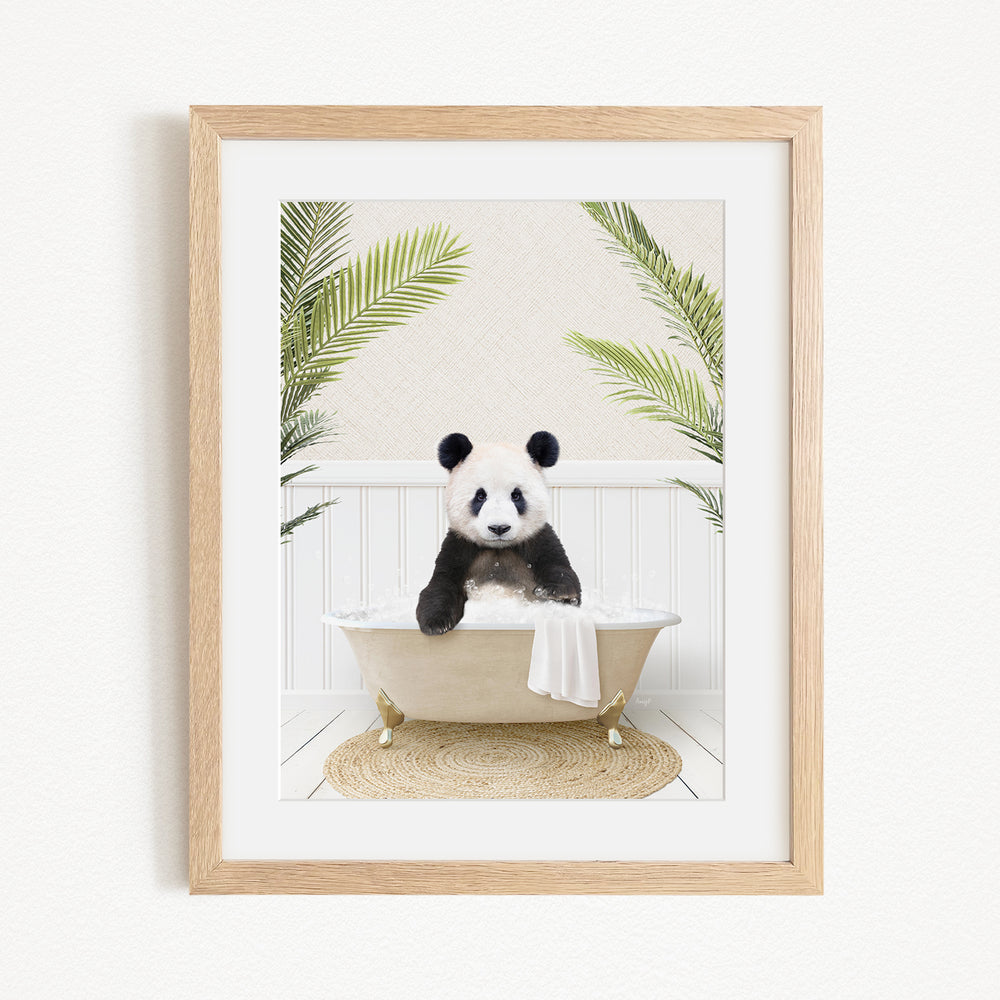 A panda bear sitting in a bathtub filled with water, surrounded by green plants.