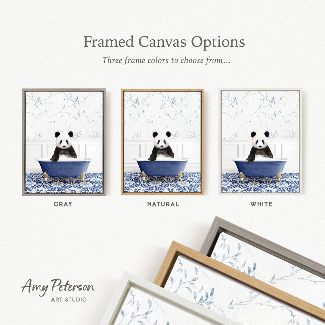 three framed canvas options, each featuring a panda bear sitting in a bathtub. The options include a gray frame, a natural frame, and a white frame. The text above the images reads " Framed Canvas Options" and "Three frame colors to choose from...". The bottom of the image includes the text " Amy Peterson ART STUDIO".