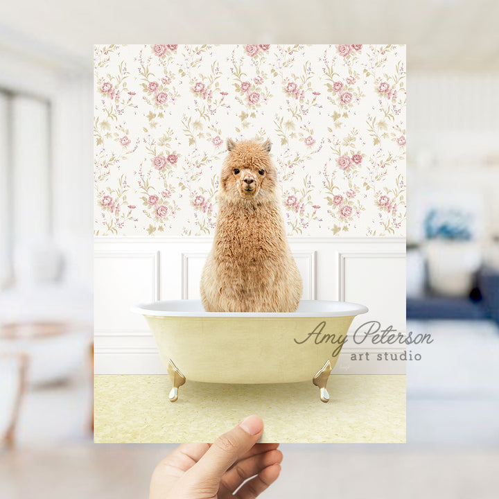 a hand holding a card with a dog in a bathtub