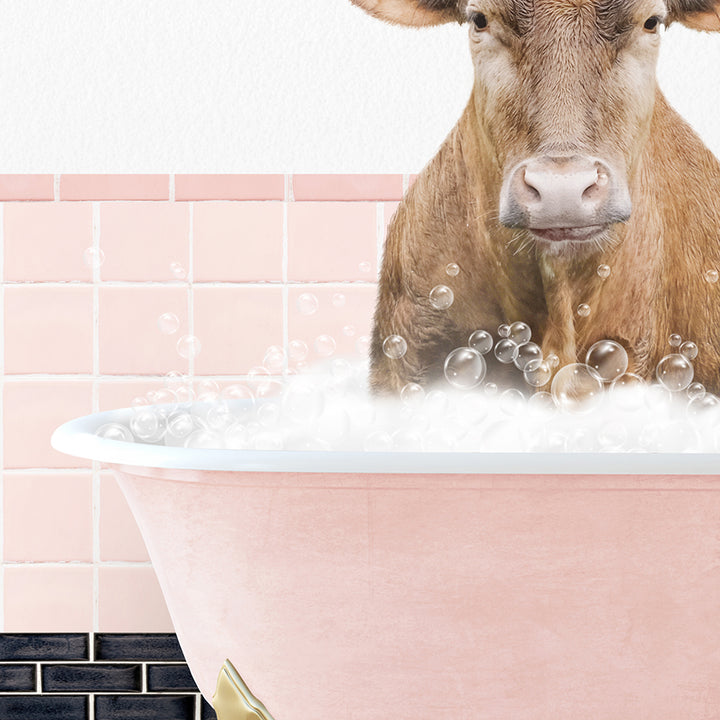 a cow is sitting in a bathtub full of bubbles