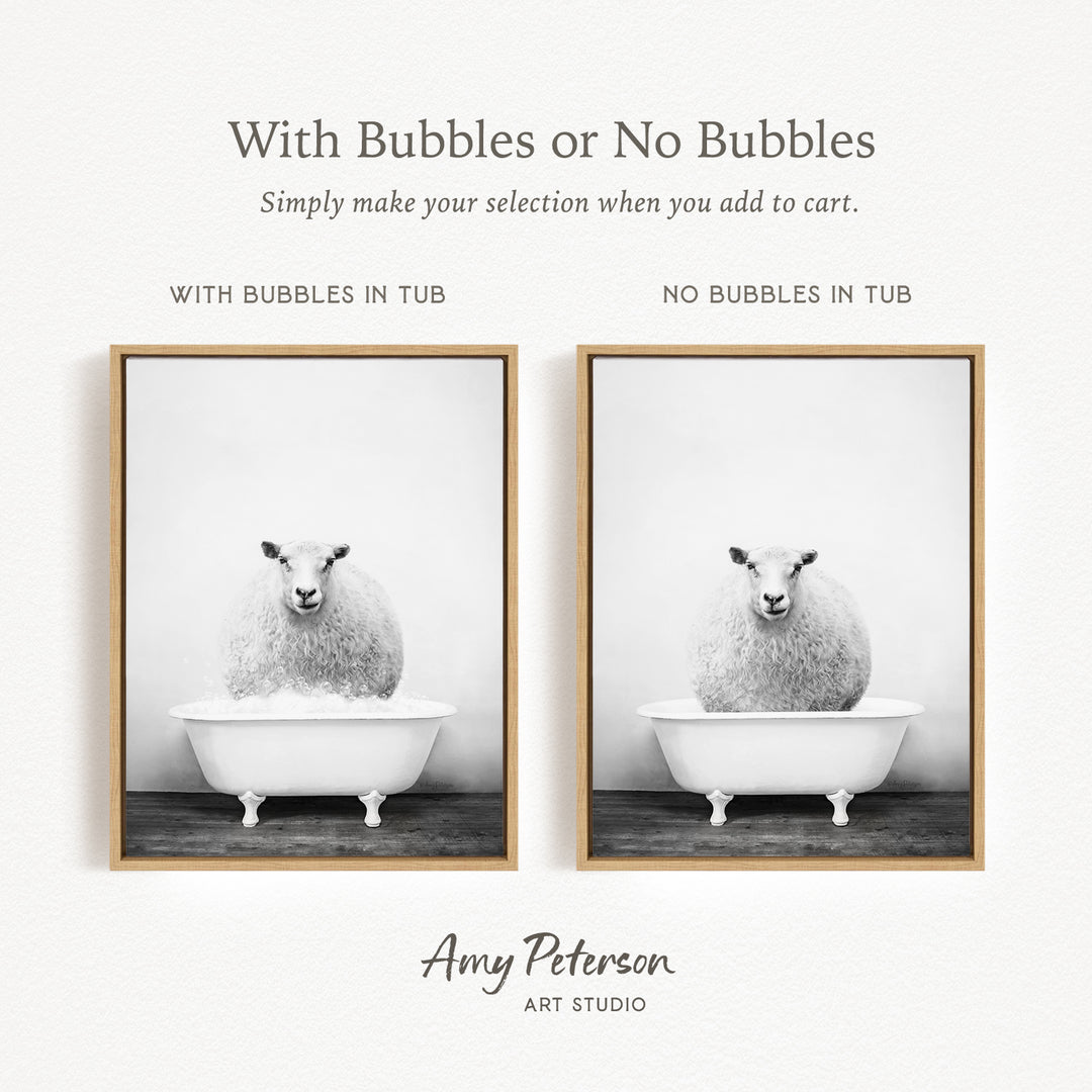 The image is a black and white photograph of a sheep sitting in a bathtub, with the text "With Bubbles or No Bubbles" above the images.