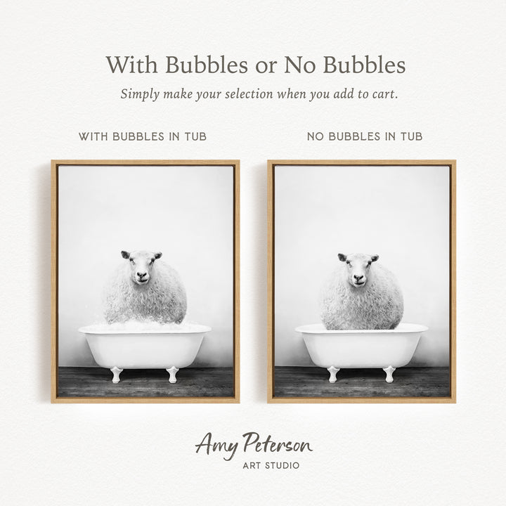 The image is a black and white photograph of a sheep sitting in a bathtub, with the text "With Bubbles or No Bubbles" above the images.