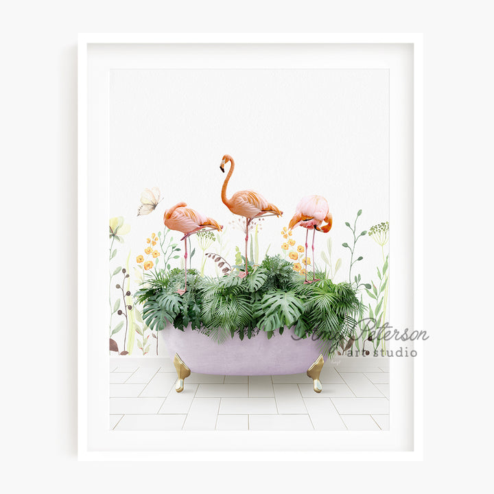 a picture of a bathtub filled with plants and flamingos