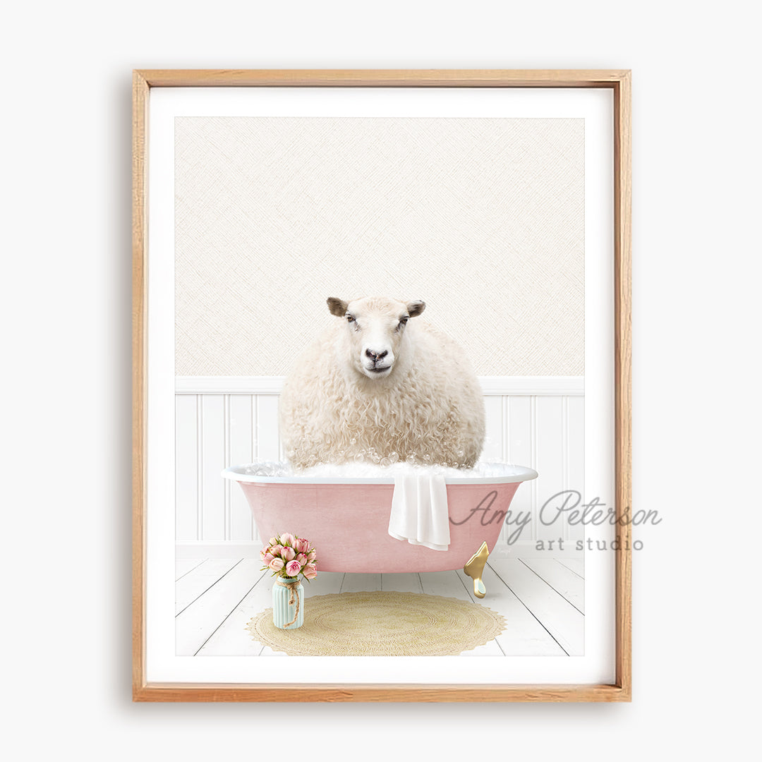 a sheep is sitting in a pink bathtub