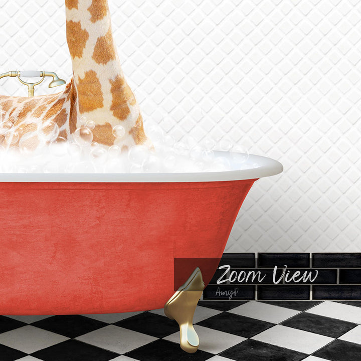 A red bathtub filled with bubbles, with a giraffe's head and legs submerged in the water, against a white tiled wall.