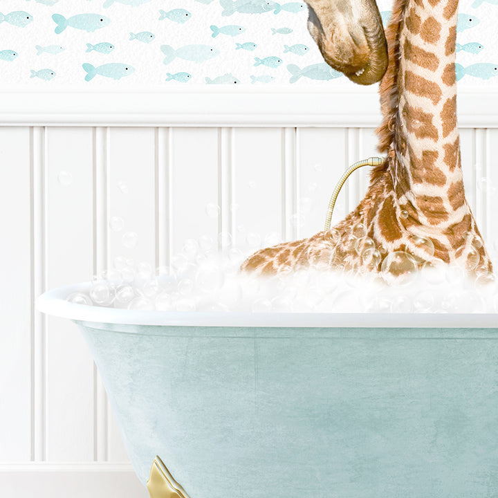 a baby giraffe in a bath tub with bubbles