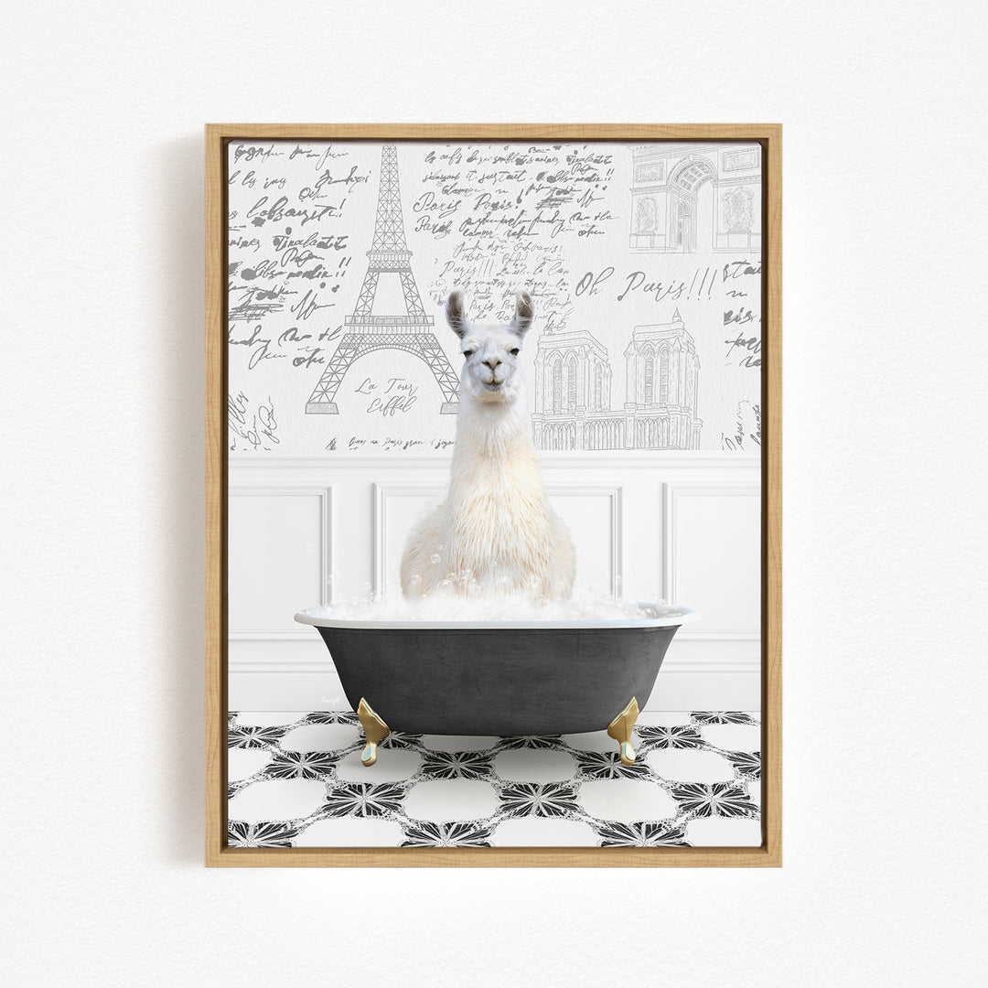 A white llama sitting in a bathtub filled with water, with a Paris-themed background featuring the Eiffel Tower and other landmarks.