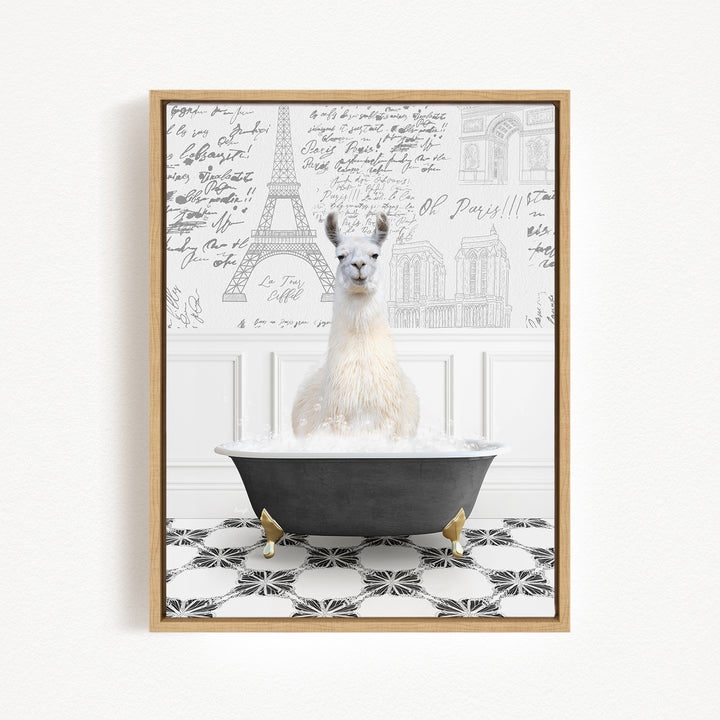 A white llama sitting in a bathtub filled with water, with a Paris-themed background featuring the Eiffel Tower and other landmarks.