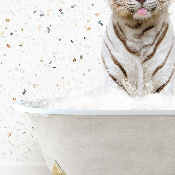 a tiger sitting in a bathtub with its tongue out