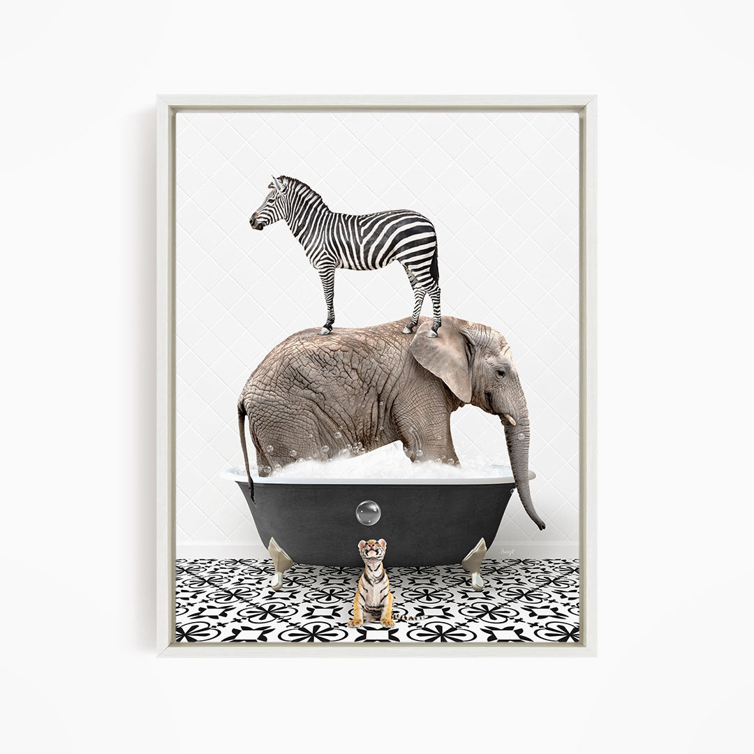 A zebra stands on the back of an elephant, which is submerged in a bathtub, with a tiger sitting nearby on the floor.