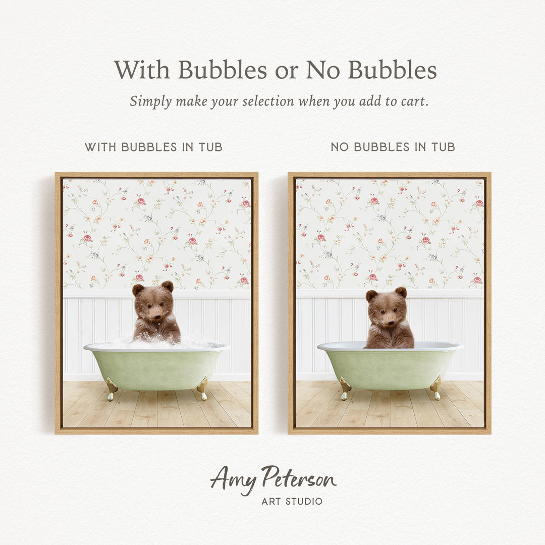 The image is a collage of two pictures, each featuring a teddy bear sitting in a bathtub. The teddy bear in the bathtub has bubbles, while the other teddy bear does not have bubbles. The collage is titled "With Bubbles or No Bubbles" and is created by Amy Peterson from Art Studio.