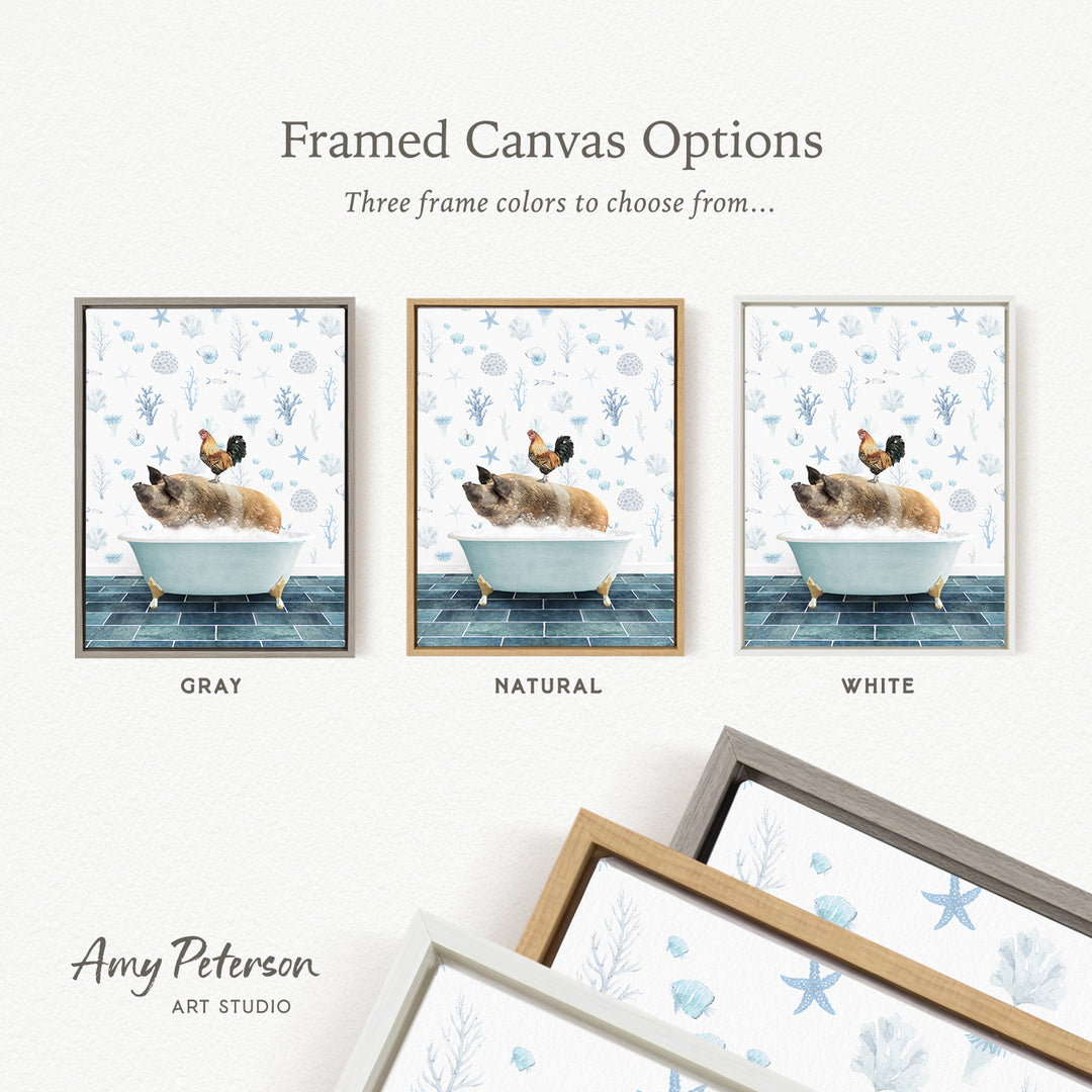 three framed canvas options featuring a cat sitting in a bathtub, with two birds perched on the cat's back. The options include a gray, natural, and white frame.