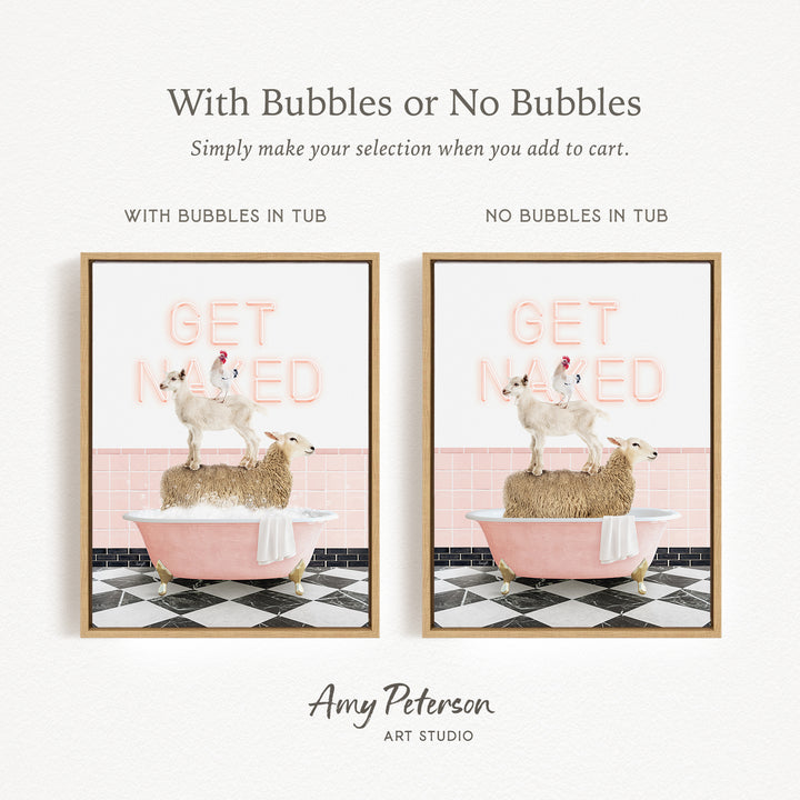 The image is a collage of two framed pictures. The first picture features a sheep sitting in a pink bathtub, while the second picture shows a sheep standing on a bathtub. The text above the images reads "With Bubbles or No Bubbles Simply make your selection when you add to cart."