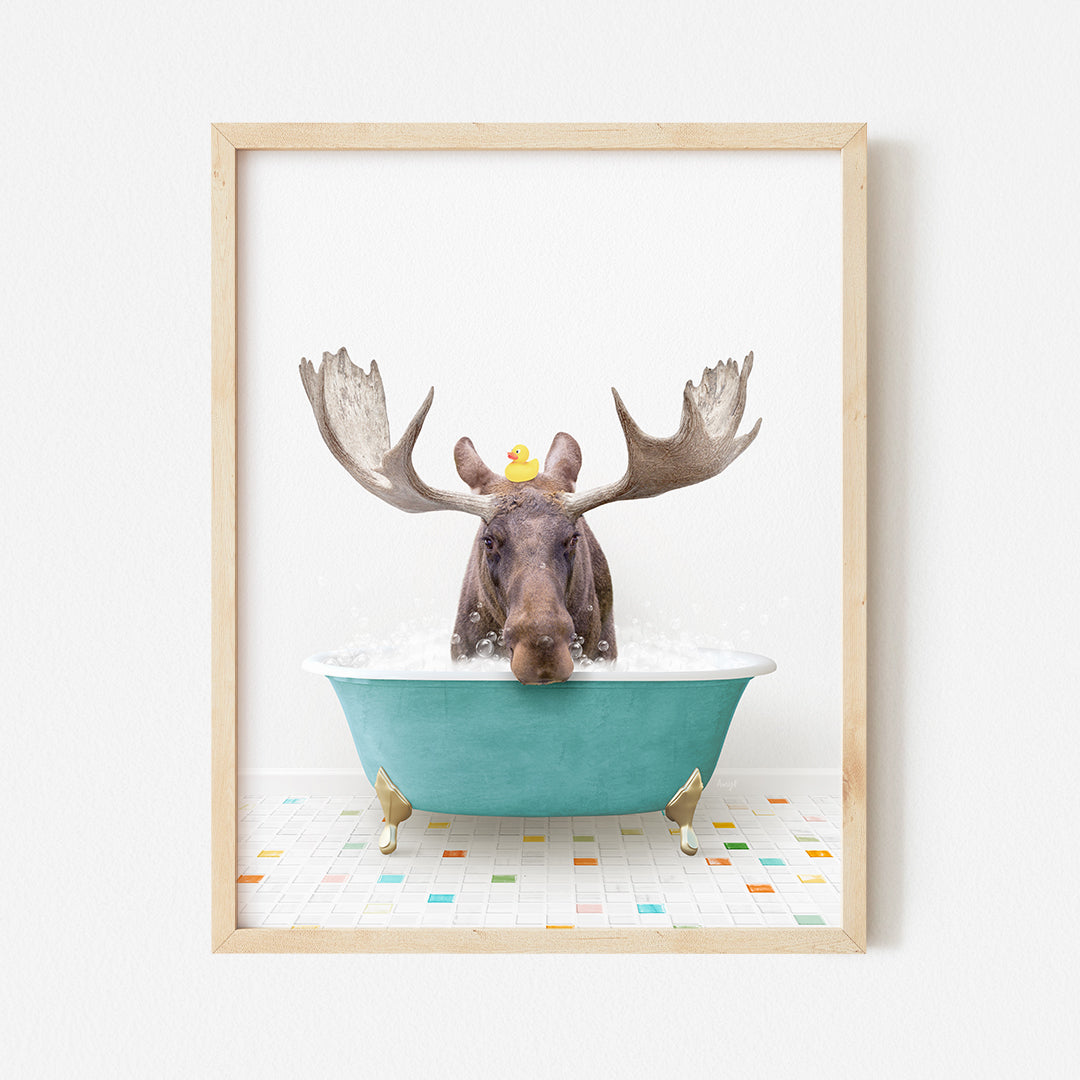 a moose is taking a bath in a blue tub