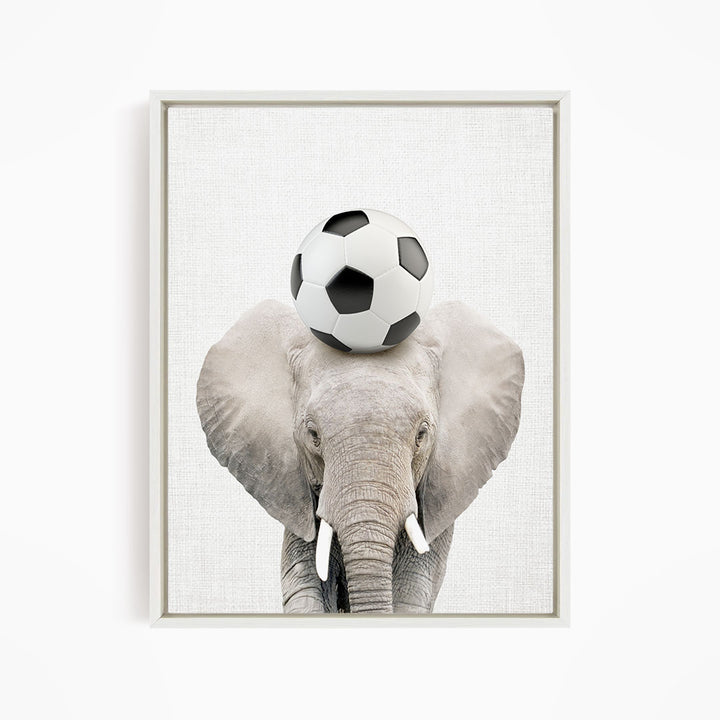 A gray elephant balances a soccer ball on its head.