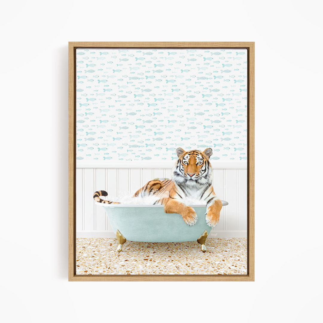 A tiger is sitting in a bathtub filled with water, surrounded by a pattern of fish.
