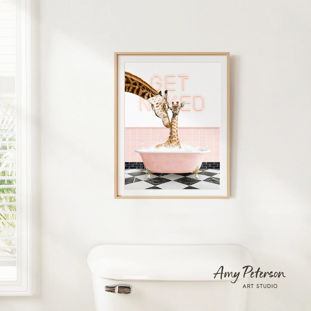 A framed print of a giraffe standing in a pink bathtub with the text "GET RID OF" on the wall behind it.