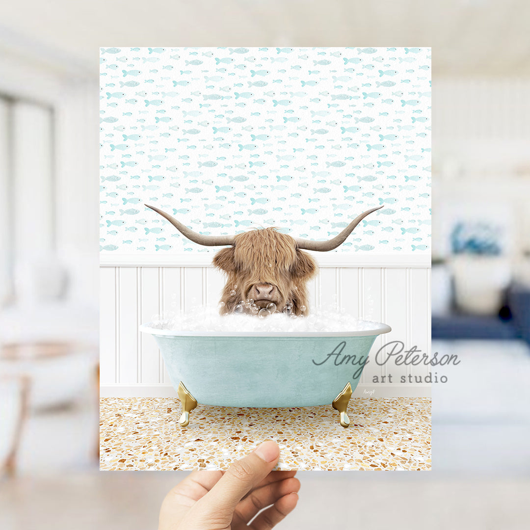 a person holding up a card with a picture of a bull in a bathtub