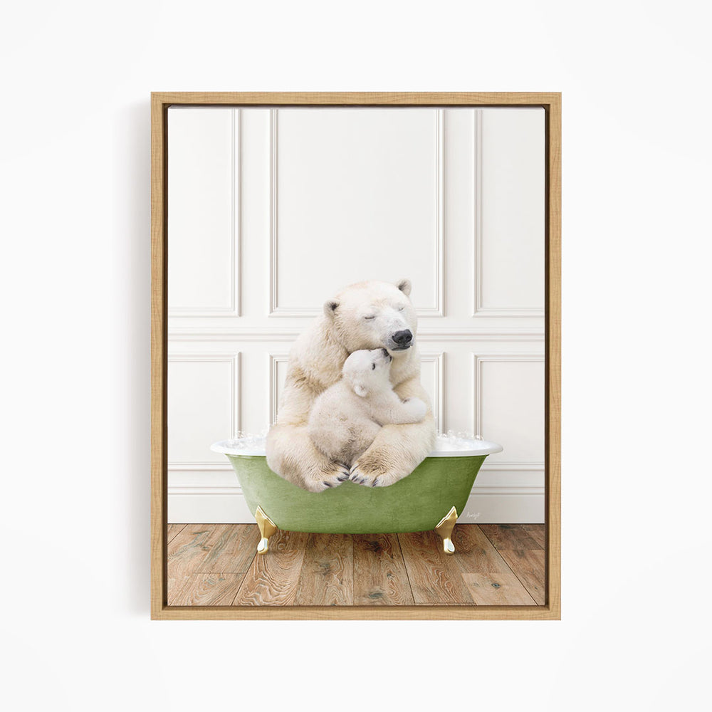 A polar bear sitting in a green bathtub, with another polar bear resting on its lap.