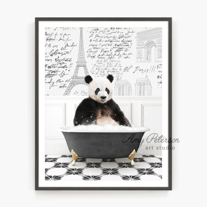 a panda bear sitting in a bathtub with writing on the wall behind it