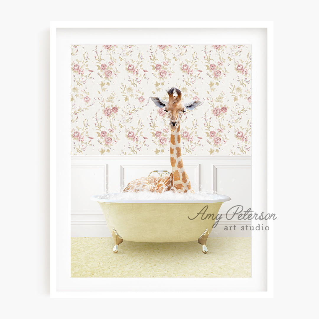 a giraffe is sitting in a bathtub with a flowered wallpaper